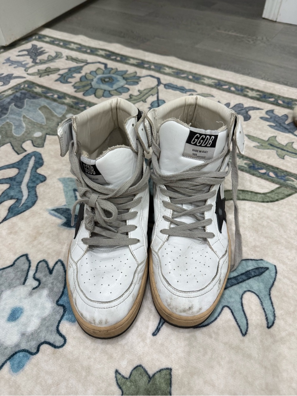 Golden Goose White High-Top Sneakers with Black Star and Tan Sole